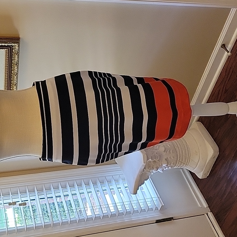 Michael Michael Kors navy blue white orange striped stretch pencil skirt 4 EUC…